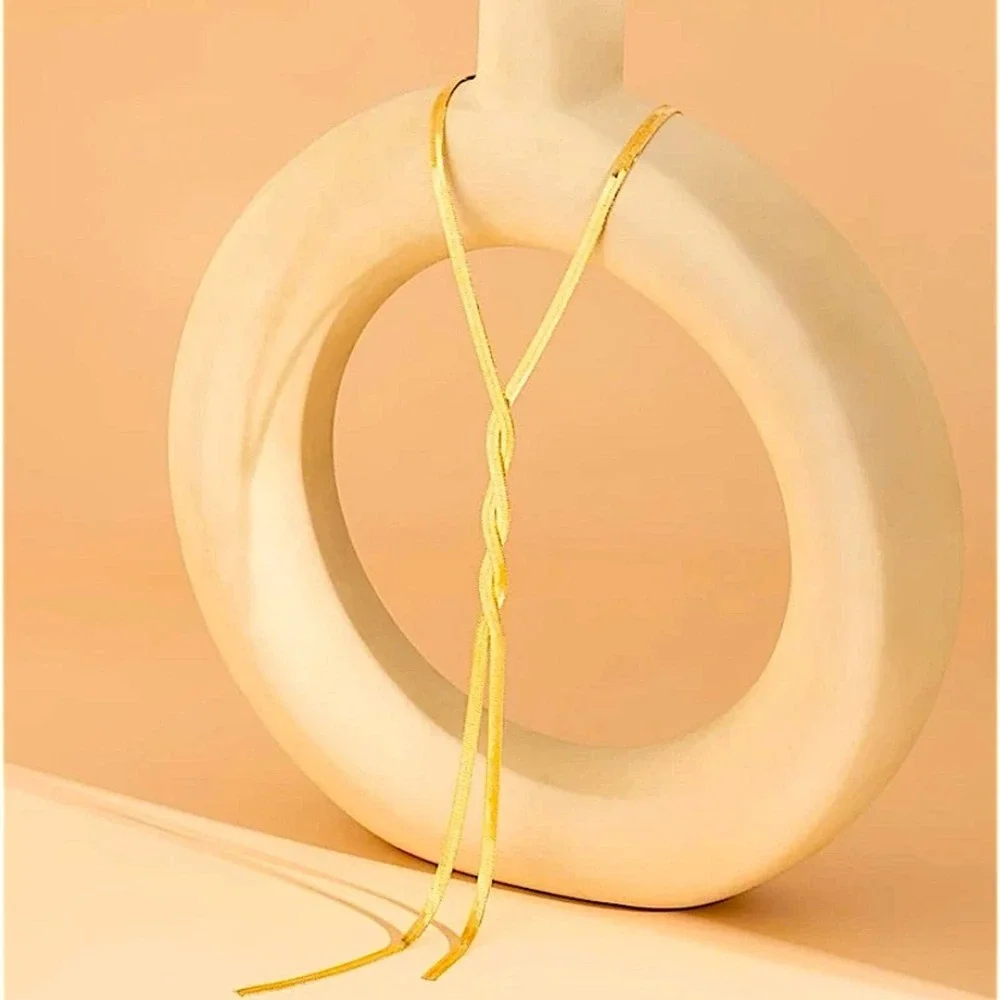 Y Lariat Gold Plated Snake Herringbone Twisted Tassel Necklace - Picture 10 of 13